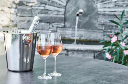 two glasses of wine sitting on a table with a bucket at Haus Seeblick in Sipplingen
