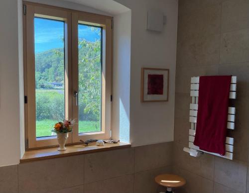 a bathroom with a window and a vase of flowers on a window sill at Zauberhaftes Franken erleben in Gräfendorf