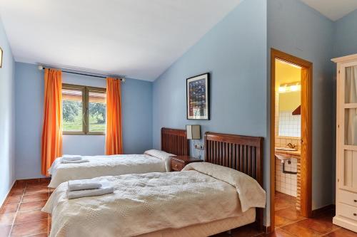 two beds in a room with blue walls at La Aldeilla in Aldeaquemada