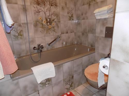 a bathroom with a tub and a toilet at Ferienwohnung Evi Opp - Harmonie in Brodersdorf