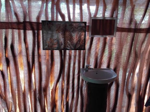 a bathroom with a shower curtain and a sink at Paradise Camp Rooms in Groutfontein