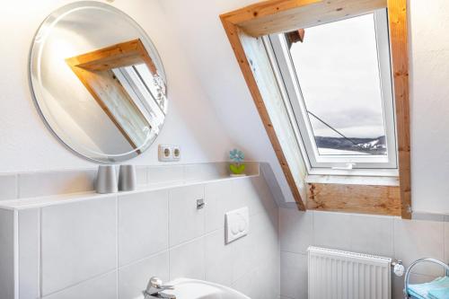 a bathroom with a mirror and a sink at Haus Edith in Gersfeld