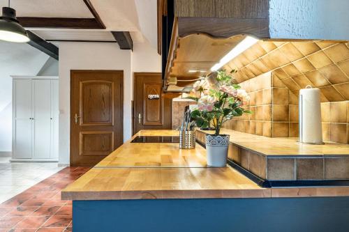 a kitchen with a counter with flowers on it at Ferienwohnung Eichkater in Dannau