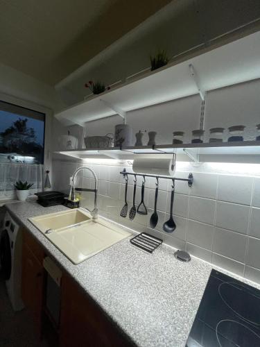 a kitchen with a sink and a counter with utensils at Ruhige Ferienwohnung Zeithain in Zeithain