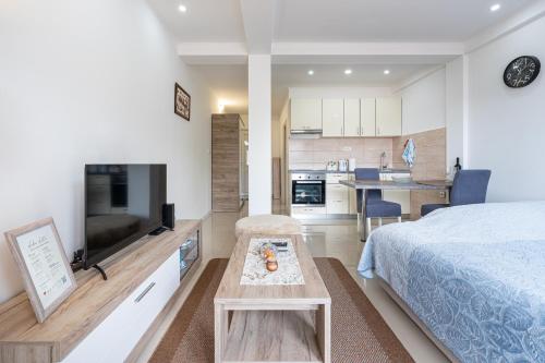 a bedroom with a bed and a television and a kitchen at Apartments Kankaras - Sea View in Tivat