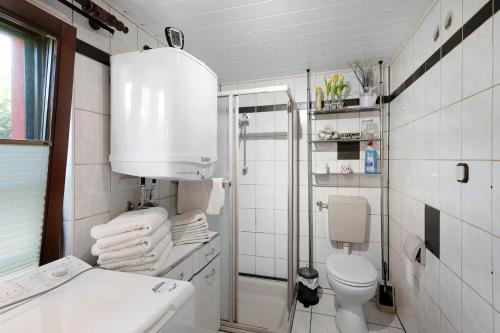 a white bathroom with a toilet and a sink at Ferienhaus Ton Sünhus in Groß Labenz