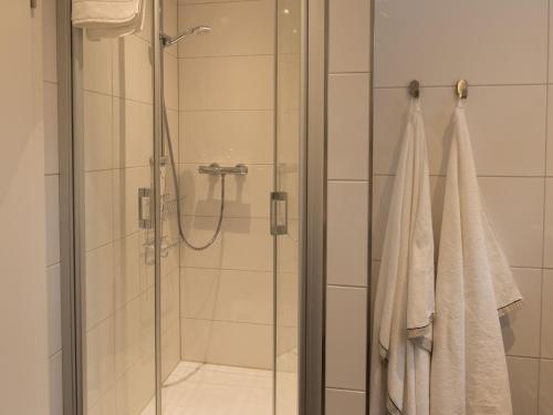 a bathroom with a shower with a glass door at Hof Weuste Fewo Lister in Attendorn