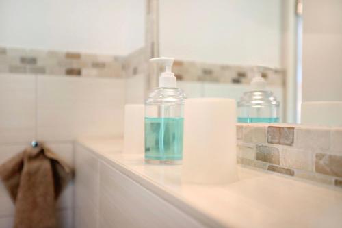 a bathroom counter with a bottle of soap and a mirror at Ketelsens Ferienwohnung in Bohmstedt
