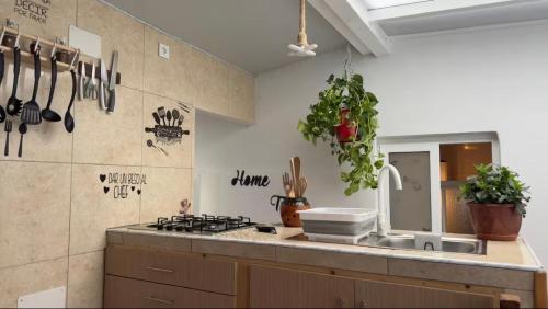 a kitchen with a sink and a stove and utensils at O Lar Tuna in Pereiro