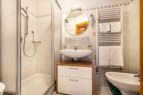 a bathroom with a sink and a shower at Manuel's App Watschinger Alpenrose in Sesto