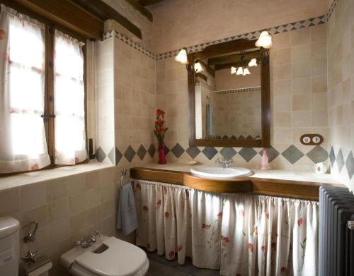 ein Badezimmer mit Waschbecken, Toilette und Spiegel in der Unterkunft Las Espigas in Canalejas de Peñafiel