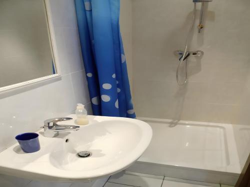 a bathroom with a white sink and a shower at Apartment Neuenrade in Neuenrade