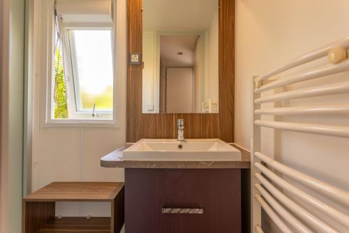 a bathroom with a sink and a mirror at Le Mediterranéen in Fréjus