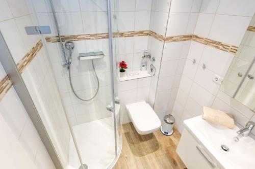a bathroom with a shower and a toilet and a sink at Ferienwohnung Strandgut in Pellworm