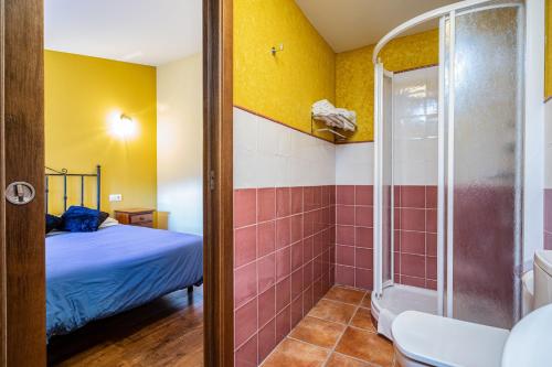 a bathroom with a shower and a bed in a room at Esteiro in Céltigos