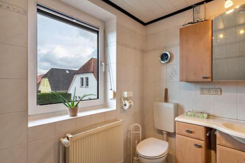 a bathroom with a toilet and a window at Ferienhaus Nahe Ostsee in Rövershagen