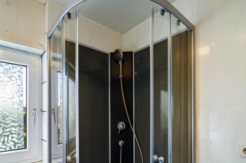 a shower in a bathroom with a glass wall at Ferienwohnung Klee 2 in Fedderwarden