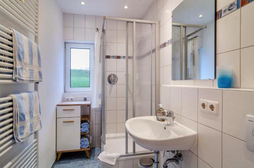 a white bathroom with a sink and a shower at Haus Nussbaum in Hödingen