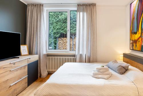 a bedroom with a bed and a tv and a window at Ferienwohnung Ederweg in Wahlershausen