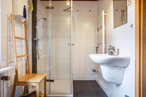 a bathroom with a sink and a shower at Ferienwohnung Kropp in Knorrendorf