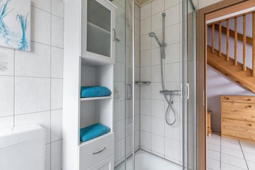 a bathroom with a shower and a toilet at Ferienhaus Kikki in Friedrichskoog-Spitze