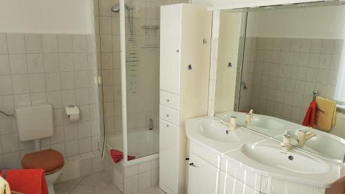 a bathroom with a sink and a toilet and a mirror at Villa Adler- Seeblick in Ahlbeck