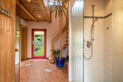 a bathroom with a walk in shower and a glass door at Ferienwohnung Risthof 4 in Owingen