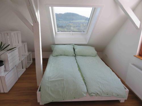 a bed in a small room with a window at Straussi´s Loft in Tuttlingen