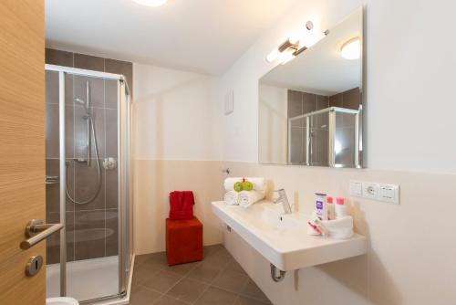 a bathroom with a sink and a shower at Alpenblick Nr 6 in Campo Tures