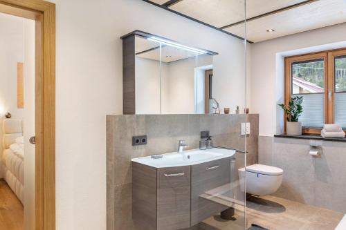 a bathroom with a sink and a toilet and a mirror at Apartment Luisa in Scharnitz