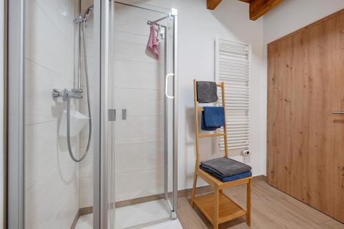 a shower with a glass door and a stool in a bathroom at Ferienwohnung Junge 3 in Lohe-Rickelshof
