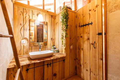 a bathroom with a sink and a wooden wall at Villa Bayani in Lacanau