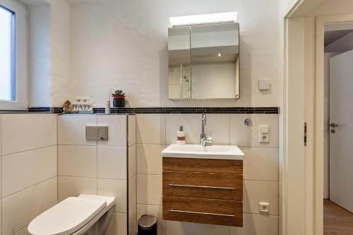 a white bathroom with a toilet and a sink at Ferienwohnung Kleine Auszeit in Schmallenberg