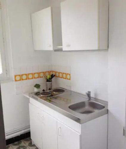 a white kitchen with a sink and white cabinets at Apt T3 - 3 Min du Futuroscope in Chasseneuil-du-Poitou