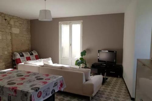 a living room with a couch and a tv at Apt T3 - 3 Min du Futuroscope in Chasseneuil-du-Poitou