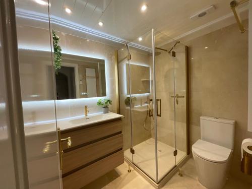 a bathroom with a shower and a toilet and a sink at Beautiful penthouse with solarium in Benahavís
