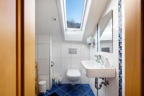 a bathroom with a sink and a toilet and a skylight at Haus Frank in Wehr
