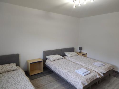 two beds in a room with white walls at Apartmani Gradac in Valjevo