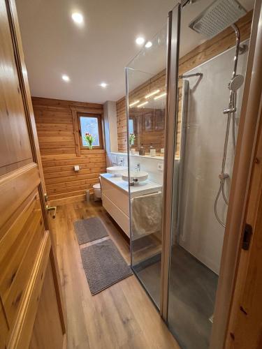 a bathroom with a glass shower and a sink at Chalet am Silbersee in Frielendorf