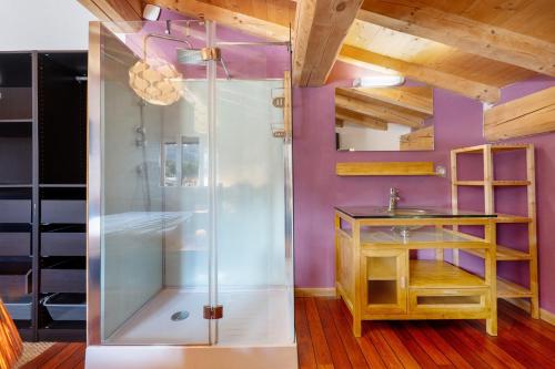 a bathroom with a shower and a sink at Chalet Aussois Lerovi in Aussois