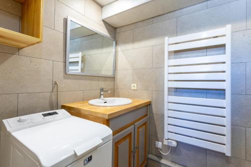 a small bathroom with a sink and a mirror at L'Alpazen Jouve Duplex in Saint-Véran