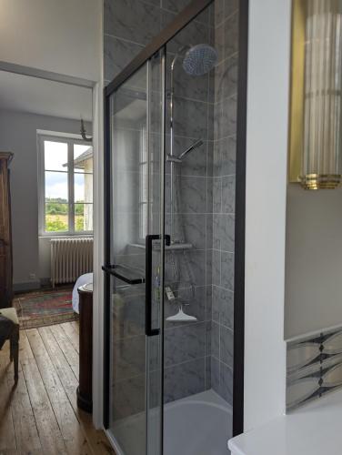 a shower with a glass door in a bathroom at Chateau De Chaunac in Naves