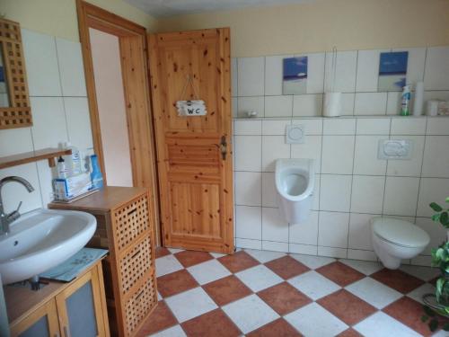 a bathroom with a toilet and a sink and a urinal at Naturteich-Haus in Kalkhorst