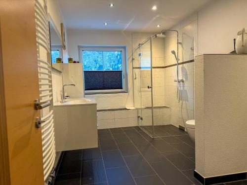 a bathroom with a shower and a sink and a toilet at Die Kromarin in Kleinsölk