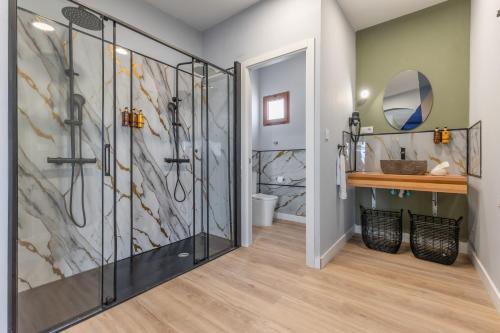 a bathroom with a shower stall and a mirror at Terra Nova Penthouse in Lajita
