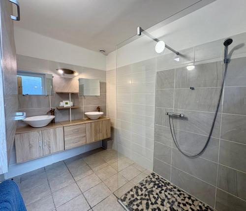a bathroom with a shower and a sink at Maison Des 3 Vallées - Wifi Véranda in Montmélian