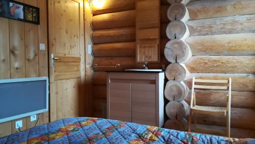 a bedroom in a log cabin with a bed and a sink at Le Chalet Neige in Chorges