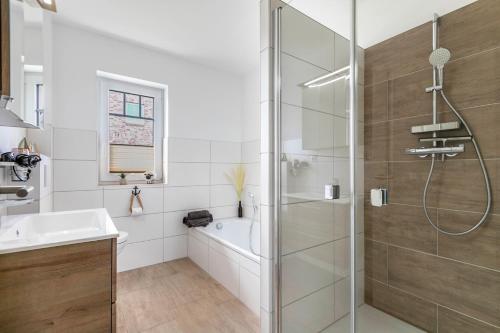 a bathroom with a shower and a sink at Ferienhus-voern-Diek in Kaiser Wilhelm Koog