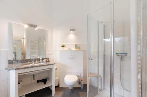 ein Badezimmer mit Toilette und Glasdusche in der Unterkunft Badeuferhaus in Kosel