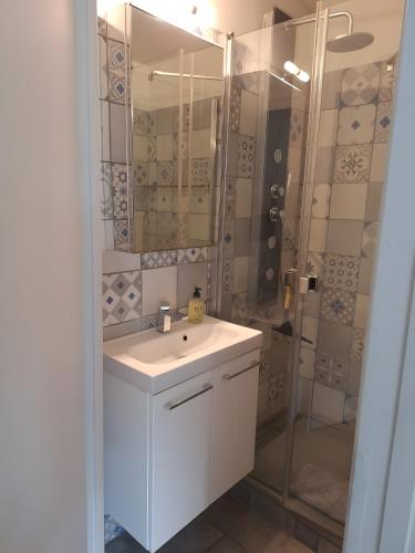 a bathroom with a white sink and a shower at Au calme avec balcon proche Genève in Gaillard